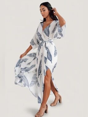 Baltic Born White Maxi Dress with Navy Leaf Print New tag missing
